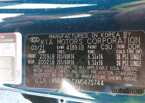 2021 Kia Niro Lxs z USA, uszkodzony, nr VIN KNDCB3LCXM5475744